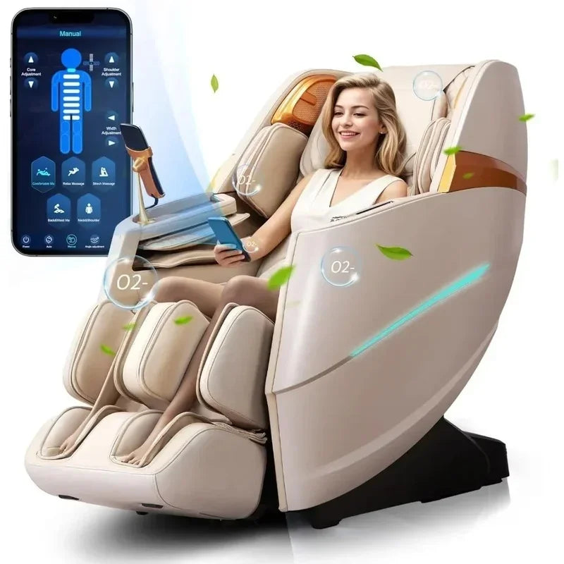 Woman using a smart zero gravity massage chair with mobile app control